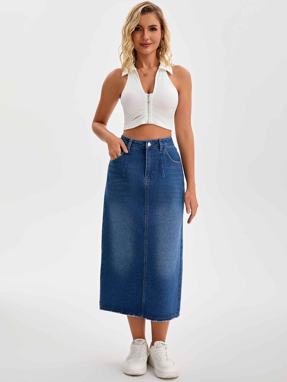 Women's Denim Skirt High Waisted Split Back Pockets Casual Pencil Midi Jean Skirts - Image 6