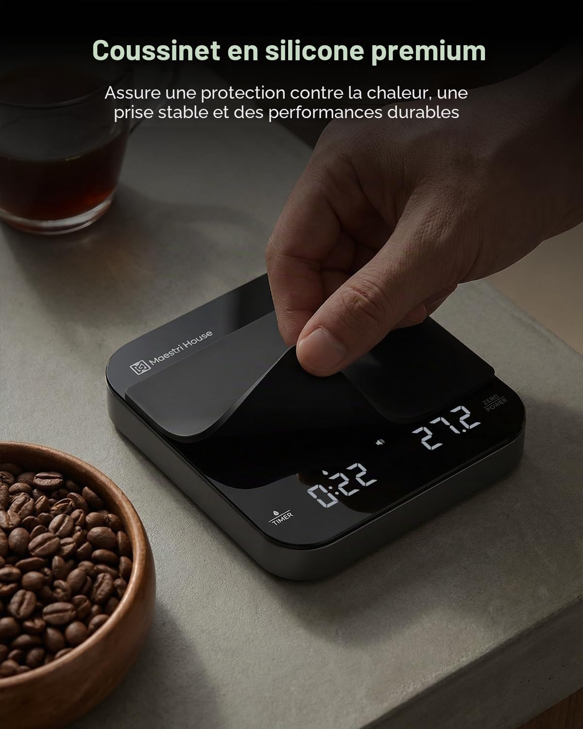 Balance de Cuisine Numérique Rechargeable, Maestri House pour Espresso, 2kg/0,1g de Précision, Minuteur Automatique, Balance Portable pour Café Espresso et Filtre-Noir & Argent
