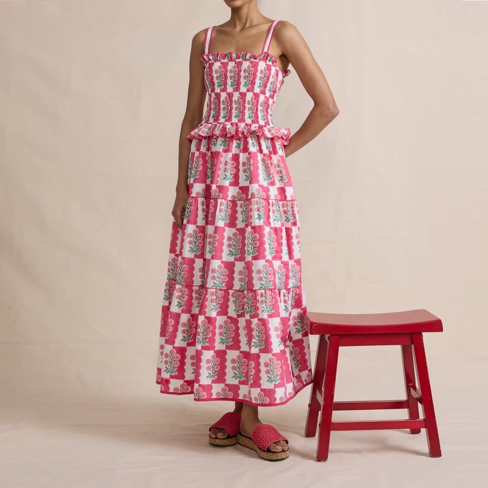 Women Floral Maxi Dress Sleeveless Smocked Ruffle Flowy Boho Sundress with Pockets Summer Vacation - Image 3