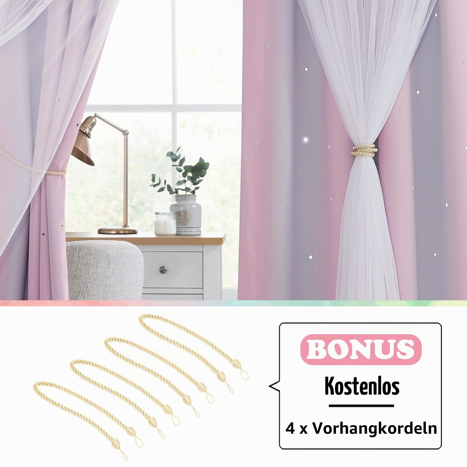 NICETOWN Gardinen Kinderzimmer Mädchen 2 Stücke Verdunklungsvorhänge Dekoration Sternevorhänge mit Voile Curtains Ösenvorhang H 240 x B 132 cm, Pink+Lila