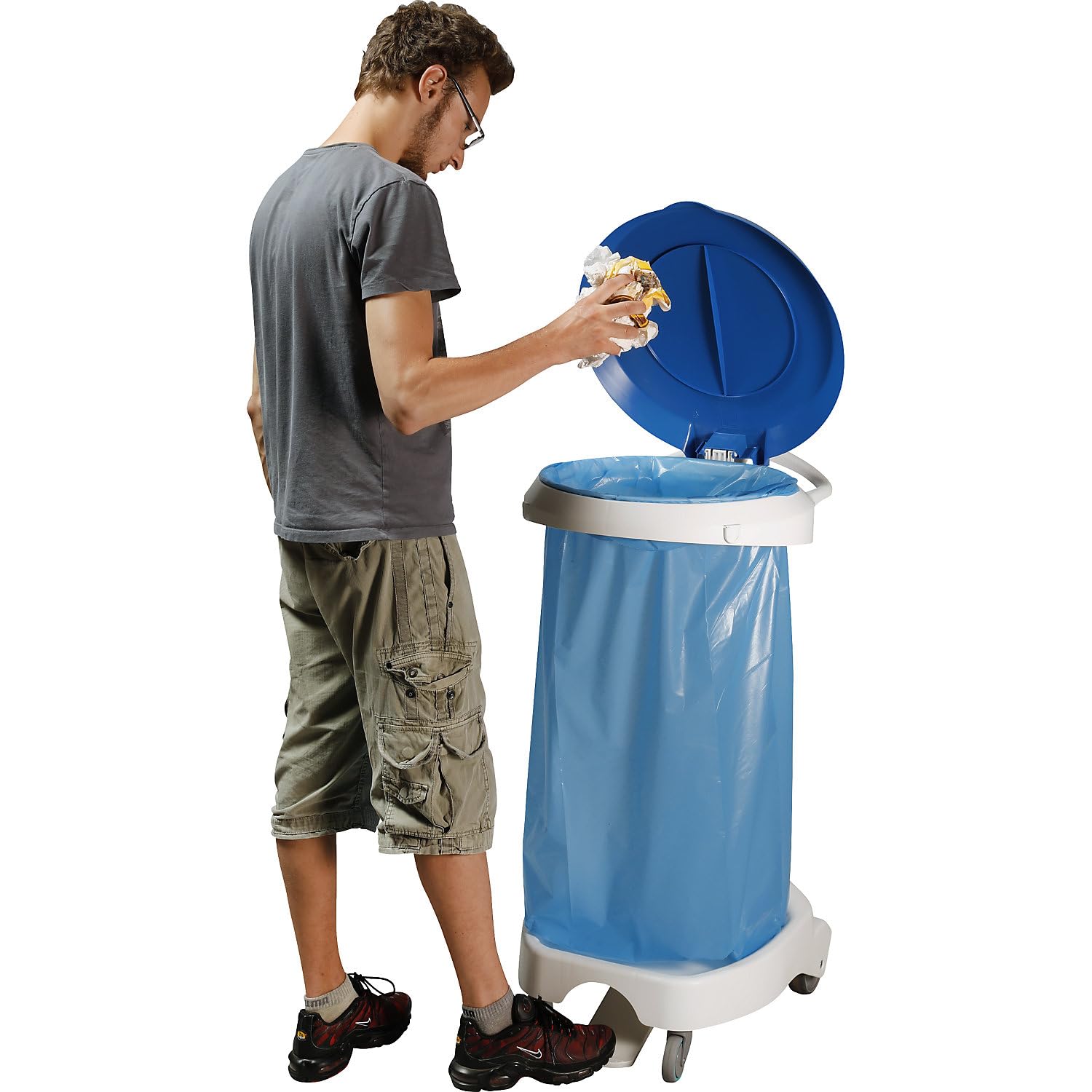 Kaiser + Kraft Pedal-Müllsackständer mit Rollen | Mit 2 Bockrollen, 2 Lenkrollen, blau