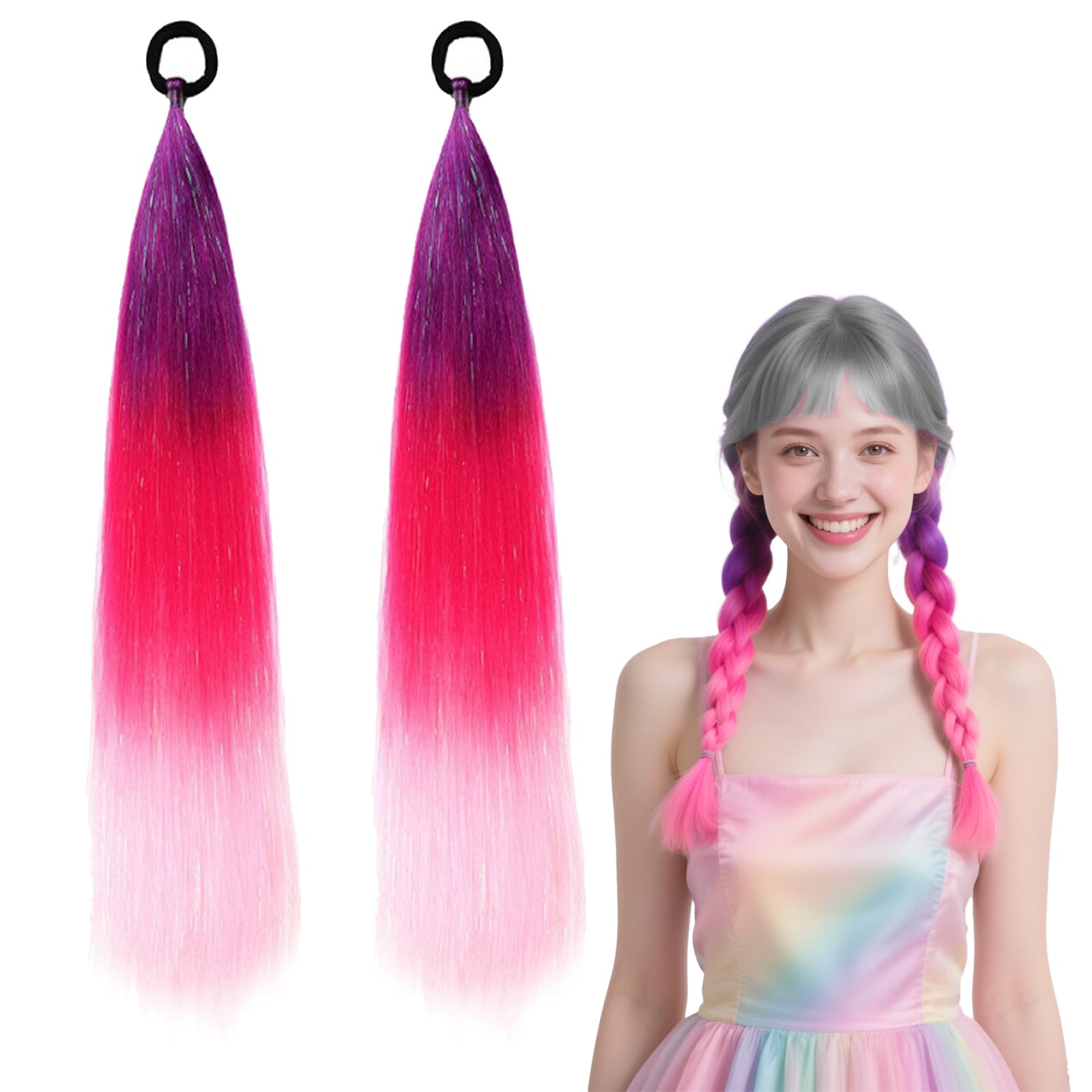 BMYUK Colorful Ponytail Hair Extensions Braids 3 Color Gradient Fashionable Multi-purpose Easy to install 26 inches Suitable for any face shape for girls and ladies (Pastel Violet