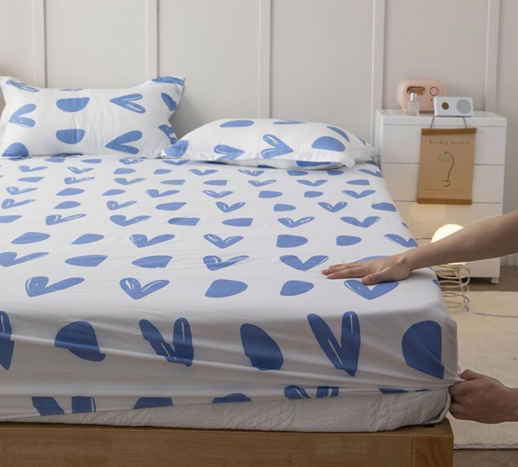 Spannbettlaken 120x200cm, Polyester Herz-Muster Spannbetttücher Bettlaken mit 1 Kopfkissenbezug Weich und Knitterfrei, Blau Weiß, Stil 8
