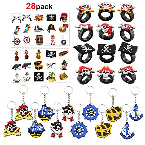 HOWAF Pirata Portachiavi Keychain, Pirata Anelli, Pirata Tatuaggi temporanei per Bambini Festa Compleanno Comunione Regalo Compleanno Bomboniere Regalo Natale per Bambina Bambino (28pezzi)
