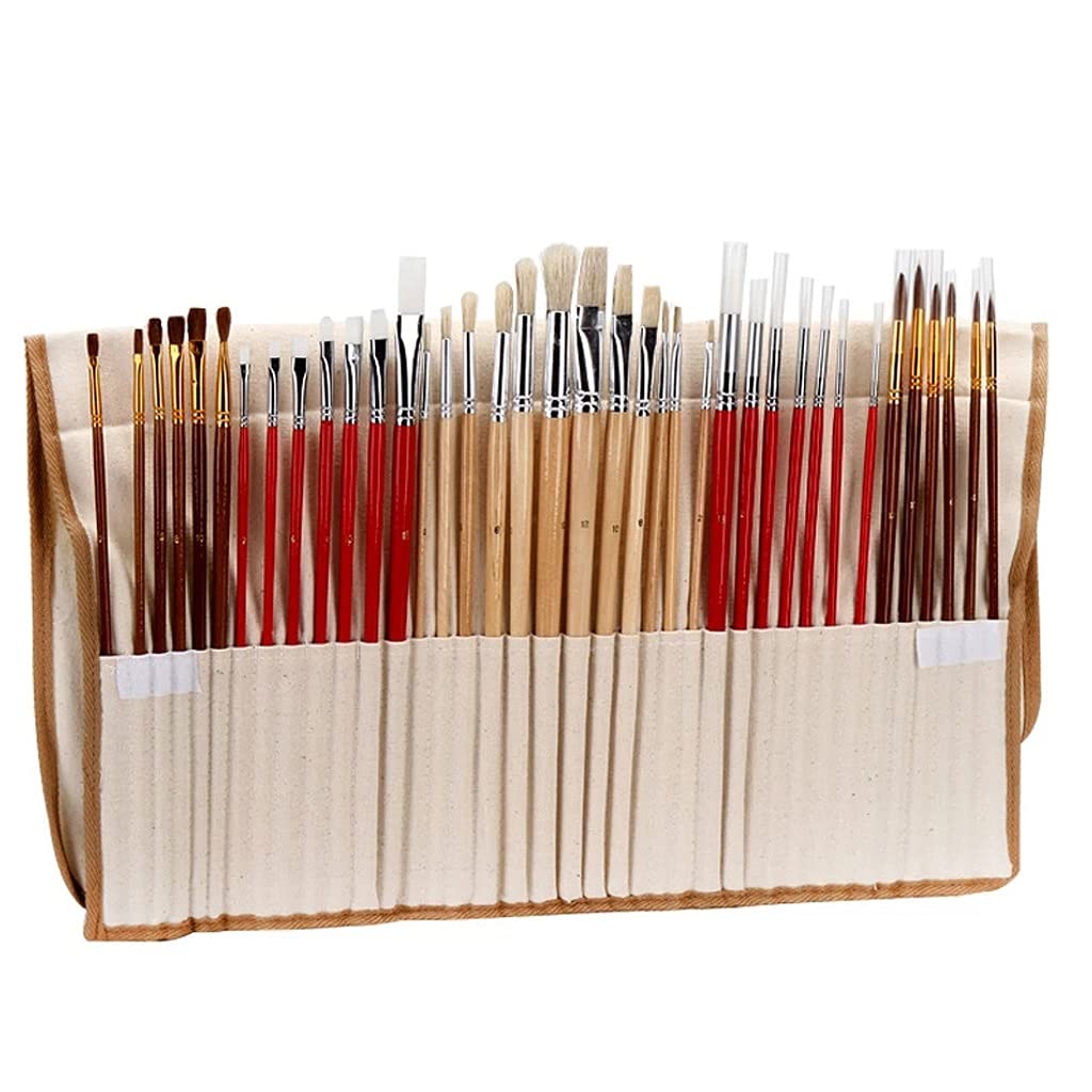 38 pièces Ensemble de pinceaux avec Sac en Toile étui Deux Grande Taille en Nylon Longue Brosse en Bois pour Peinture Acrylique à l'huile Aquarelle