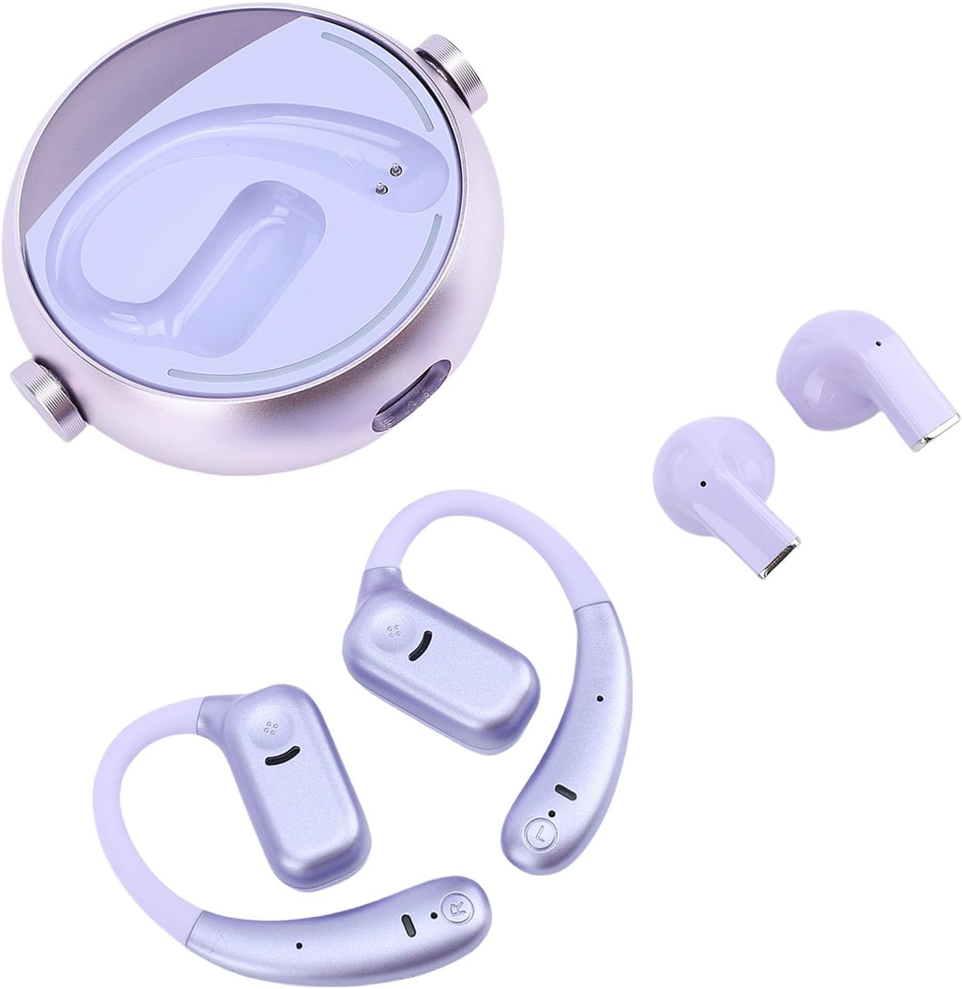 Jiawu Wireless Earbuds, 2 in 1 Clamp/Holder On Open Ear Design Bluetooth 5.3 IPX5 Open Ear Headphones, Bluetooth Headset with 2 Pairs Earbuds and 140H Playback Charging Case for (Violet)