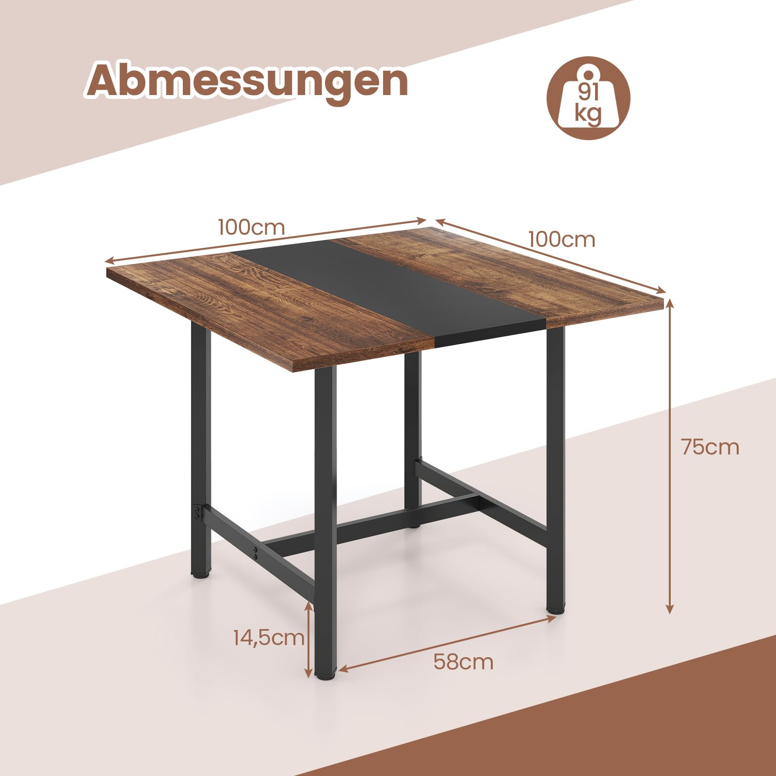 COSTWAY Konferenztisch, quadratischer Besprechungstisch mit Metallrahmen, Seminartisch zusammensetzbar für 4 Personen, Büro, Vorstandszimmer, Esszimmer (100 x 100 x 75 cm,Rustikal Braun + Schwarz)