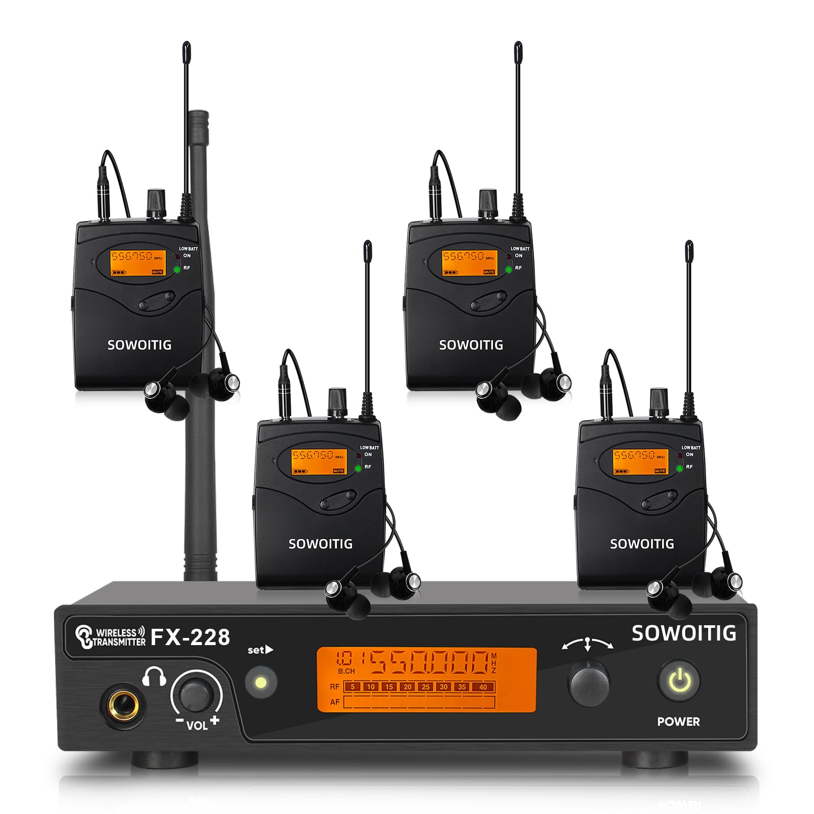 Sistema de monitoreo inalámbrico in-ear – Sistema UHF IEM profesional (mono) con transmisor de metal montado en rack, 4 receptores con auriculares