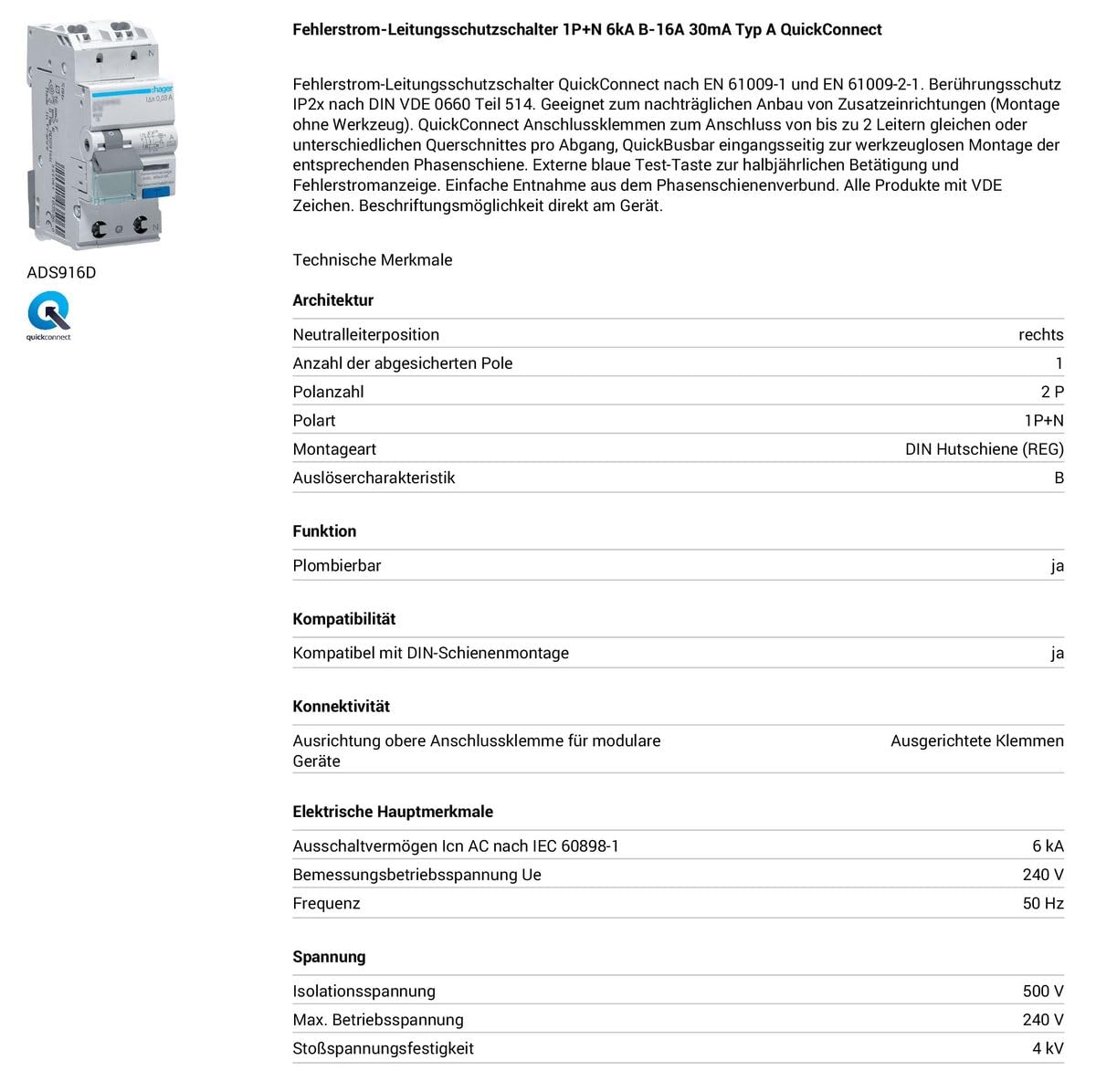 Hager ADS916D Wyłącznik Różnicowoprądowy, 16A