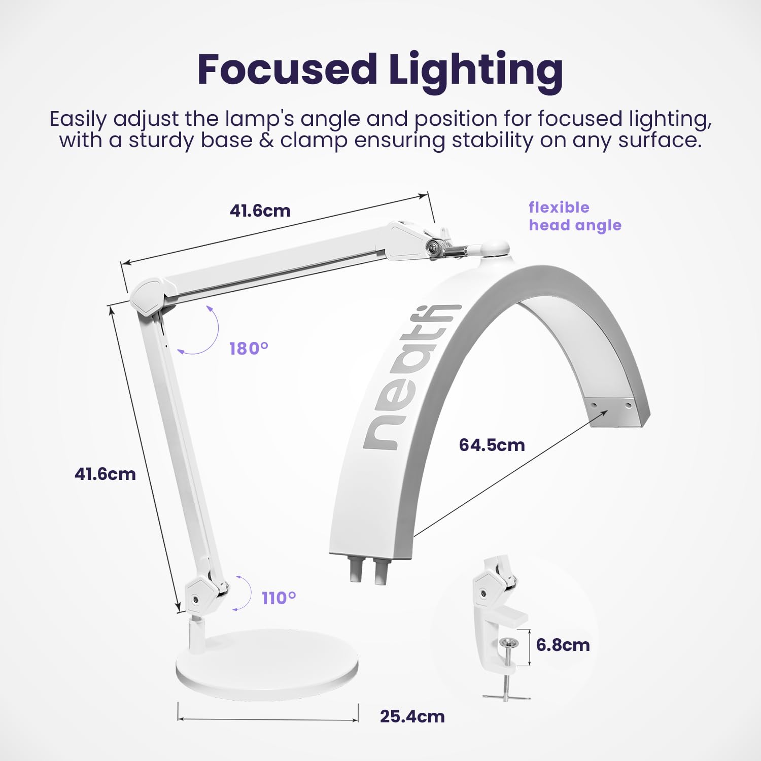 Neatfi Lampada da Tavolo con Braccio Oscillante a Mezza Luna, Illuminazione LED Professionale per Estetisti, 2500 lumen, 5 modalità, ideale per Nail Art (CCT con Base e Morsetto, Bianco)
