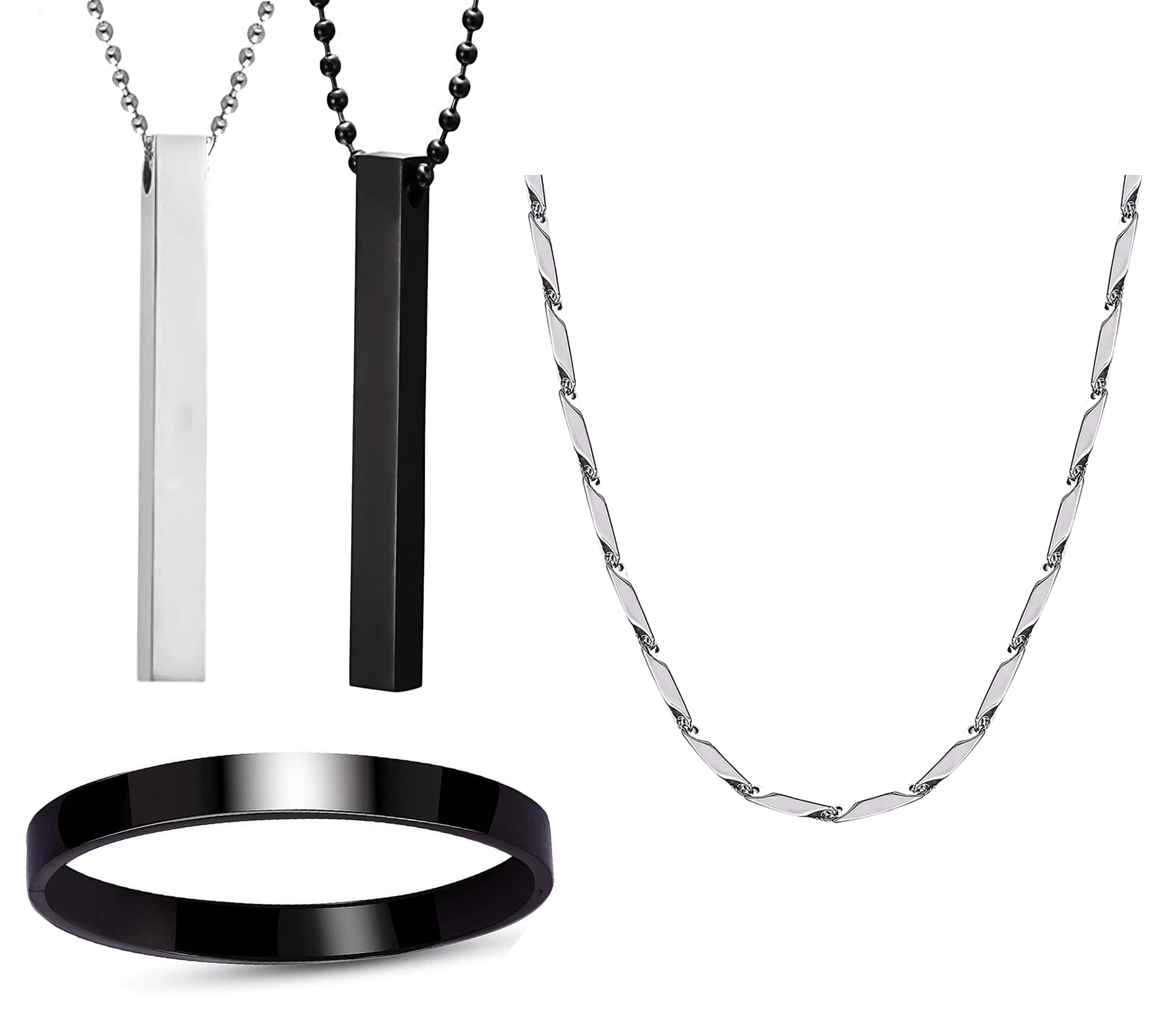 Okos Mens Stainless Steel Jewellery Set Combo Pack of 2 Cuboid Vertical Bar Pendant With 1 Rhodium Plated Rice Shape Link Neck Chain And 1 Black Finish Full Kada Bracelet For Boys and Men (B0BJ6NMF64) Amazon Price History, Amazon Price Tracker