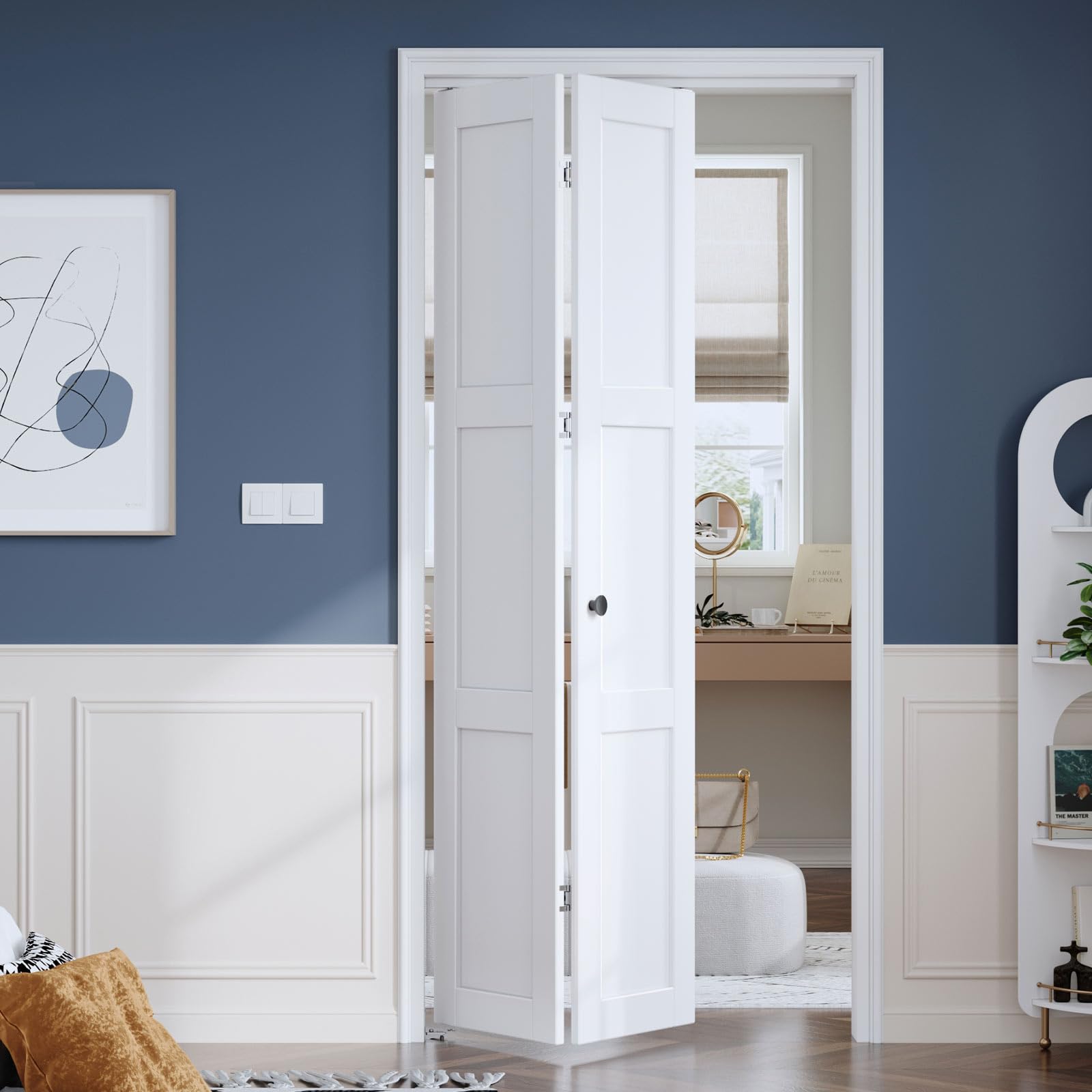 preassembled white bifold doors for 36"×80" opening, sliding interior closet folding barn door slab with concealed hardware kit included, 3-panel, mdf wood panel covered with pvc surface similar to stock photo