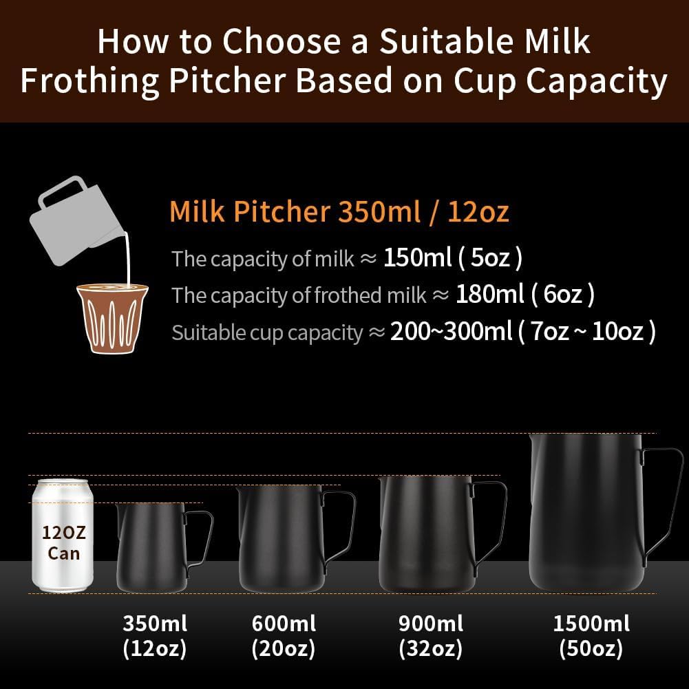 watchget - Jarra de espuma de leche de 350 ml, jarra de acero inoxidable para espumar leche, capuchino, latte, accesorios para máquina de café, jarra de leche, taza espumadora de leche, color negro