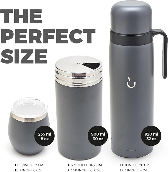 BALIBETOV Complete Yerba Mate Set - Modern Mate Gourd, Vacuum Flask, Yerba Container, Bombilla and Cleaning Brush Included - All Premium Quality 304 18/8 Stainless Steel (Grey)
