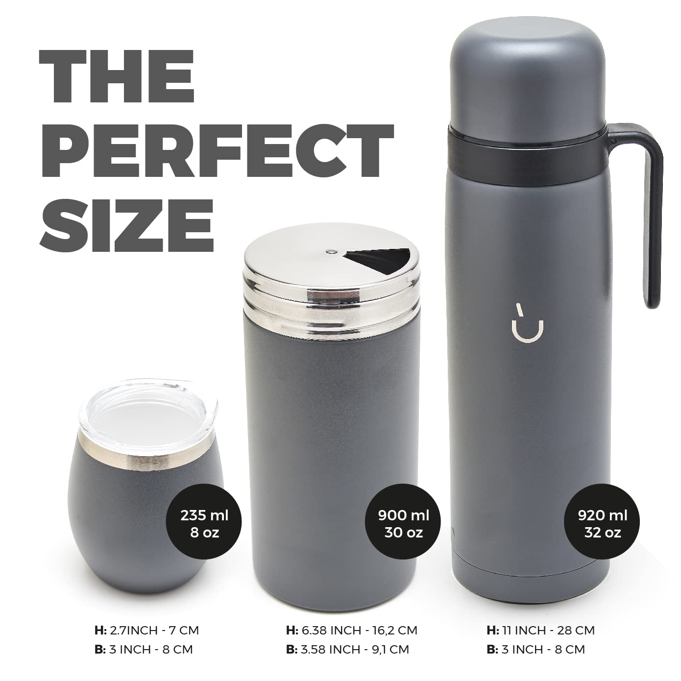 BALIBETOV Set completo Yerba Mate – zucca moderna, thermos sottovuoto, contenitore per yerba, bombilla e spazzola per la pulizia inclusi, in acciaio inox 304 18/8 di alta qualità (grigio)