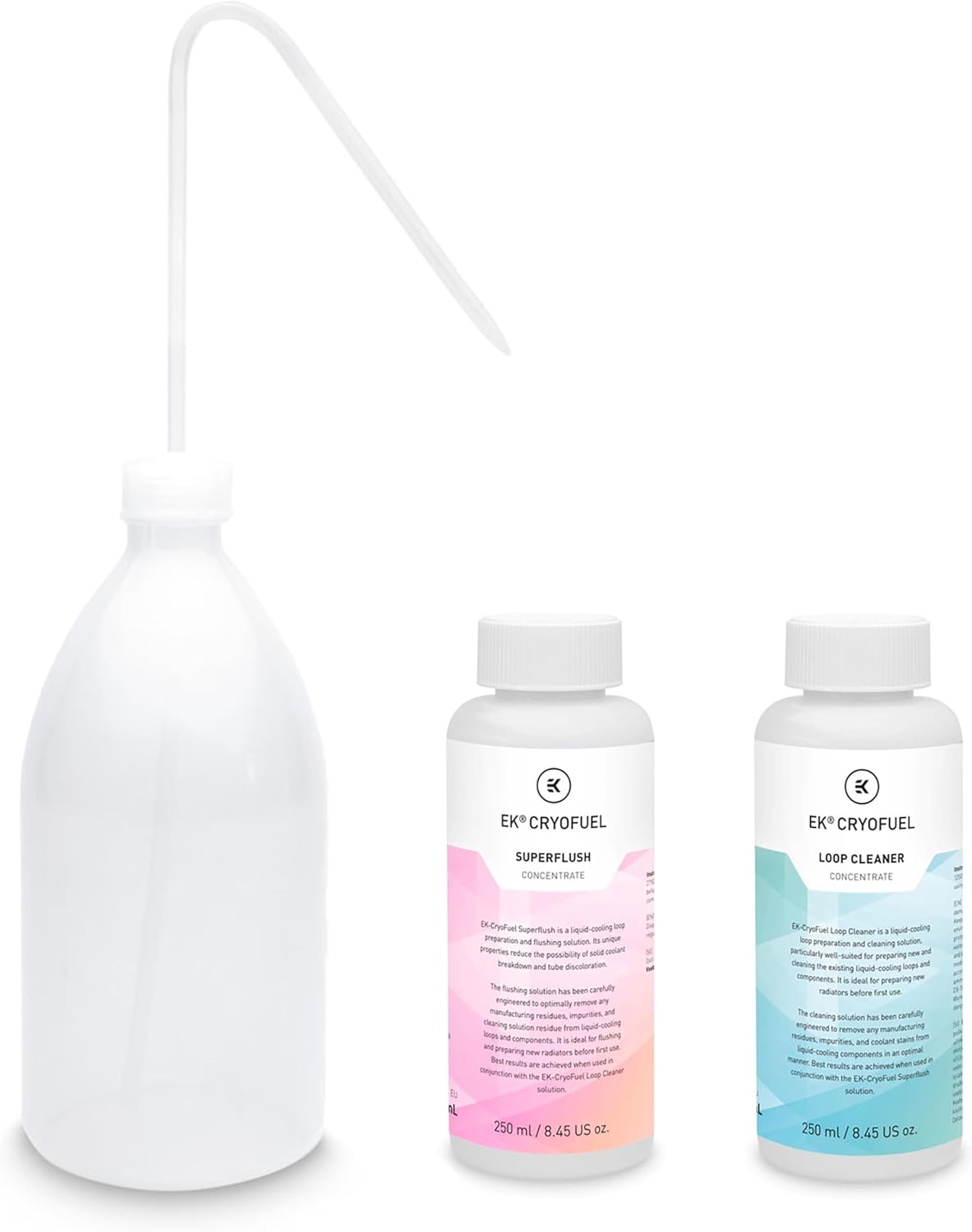 EKWB EK-CryoFuel Loop Cleaner Concentrate, Superflush Concentrate, and Filling Bottle Combo