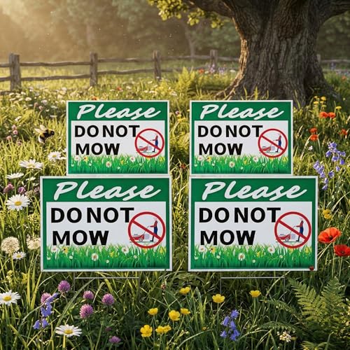 Soaoo 4 Pcs Please Do Not Mow Sign with Metal H Stake 12 x 9 Inches No Mow May Yard Flag Double Side Corrugated Plastic Garden Sign Outdoor for Lawn Yard Garden Decor Easy to Install