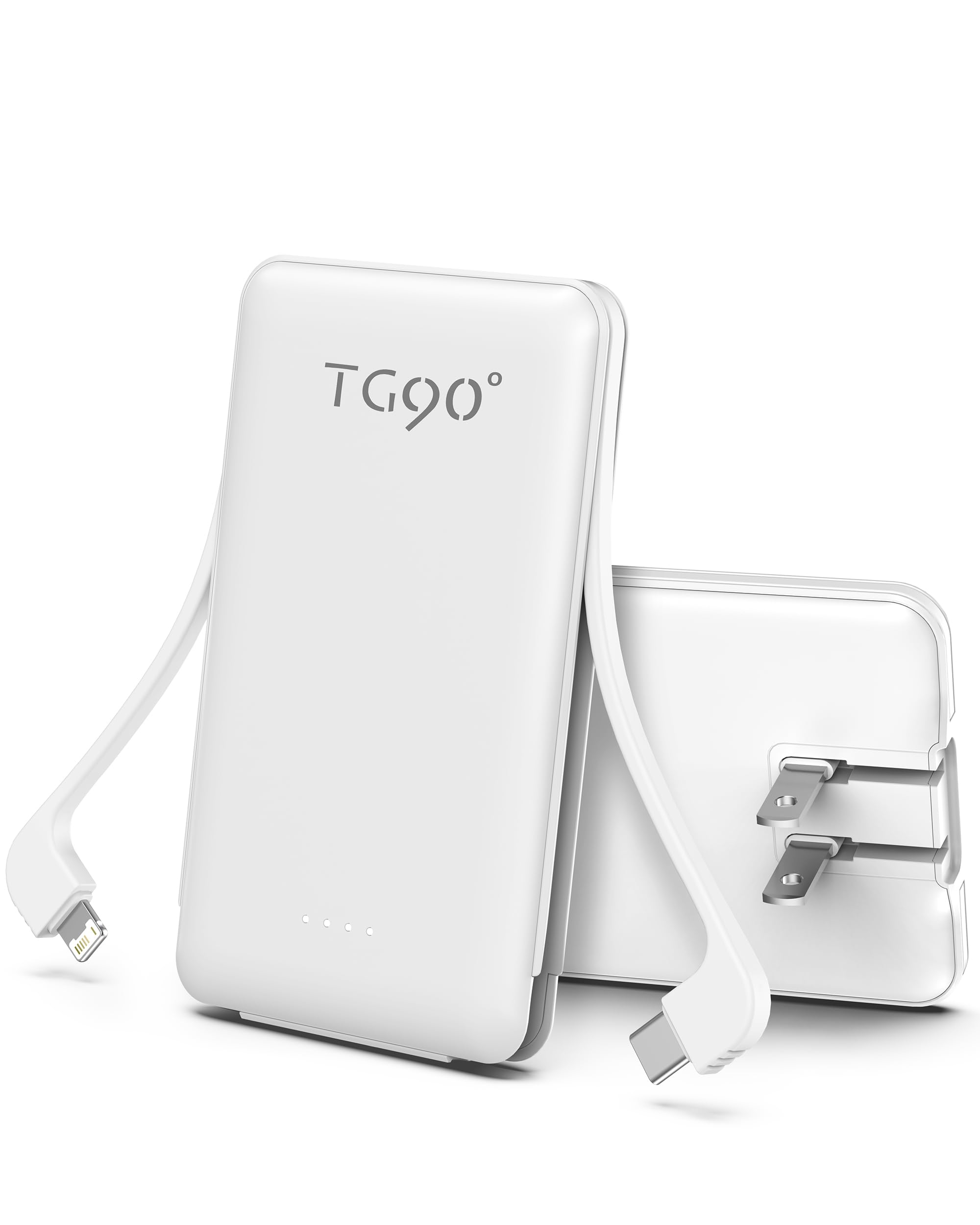 TG90° Portable Charger with Built-in Foldable AC Wall Plug and Cables,5000mAh Slim Power Bank USB C Battery Pack,3 Outputs Pocket Friendly Battery Charger Compatible with iPhone Android Smart Devices