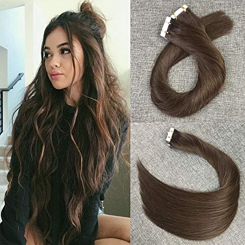 Reysaina 18inch Dark Brown Tape in Hair Extensions Remy Human Hair Invisible Skin Weft Hair Extensions #2 Dark Brown Color 20Pcs 40G Package