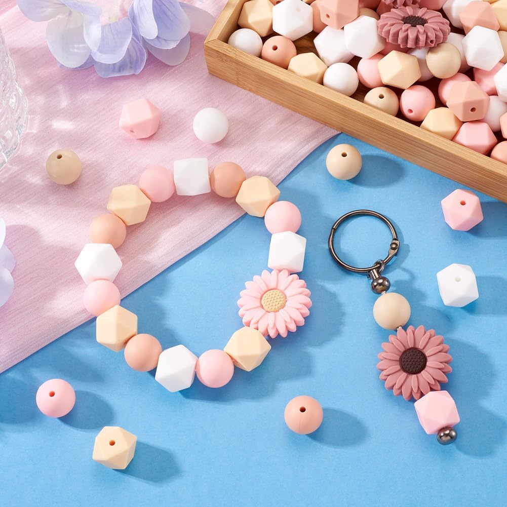 Beadthoven 23Pcs Sunflower Silicone Focal Beads for Pen, 15mm Round Rubber Loose Beads 14mm Octagon Spacer Bead for DIY Bracelet Necklace Earring Keychain Jewelry Making, Old Rose - Image 2