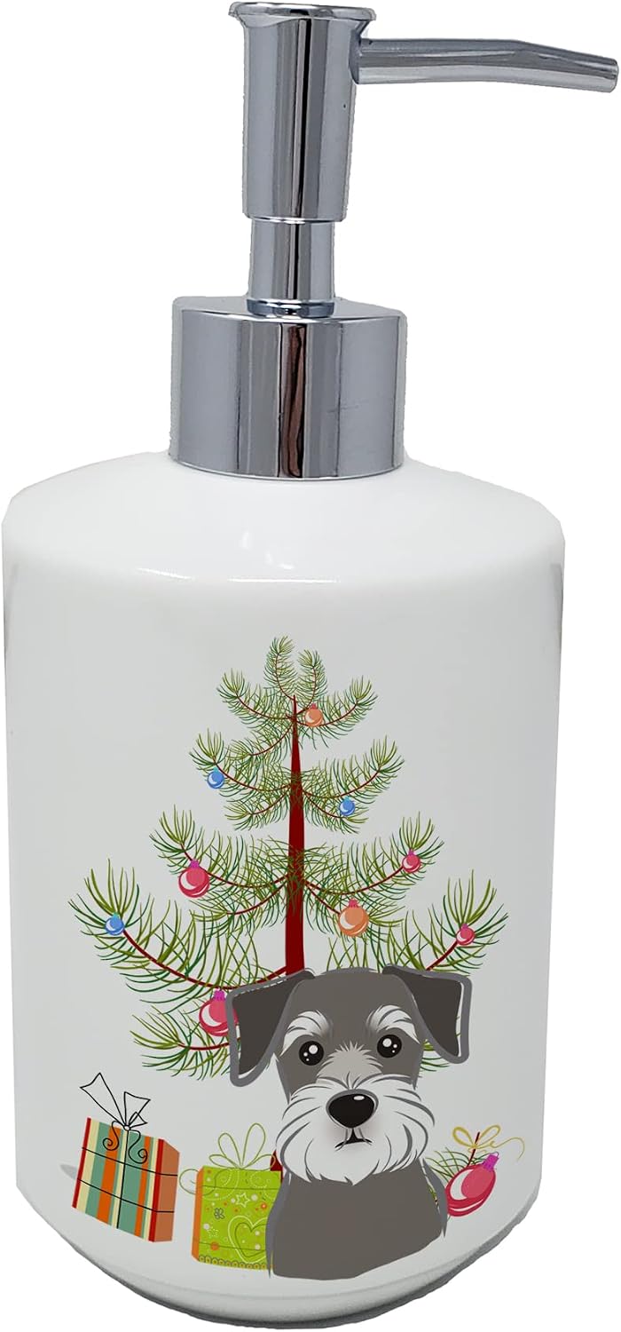 Caroline's Treasures BB1578SOAP Christmas Tree and Schnauzer Ceramic Soap Dispenser Hand Soap Dispenser Pump Bottles for Bathroom Kitchen, Empty Refillable Liquid Soap Container