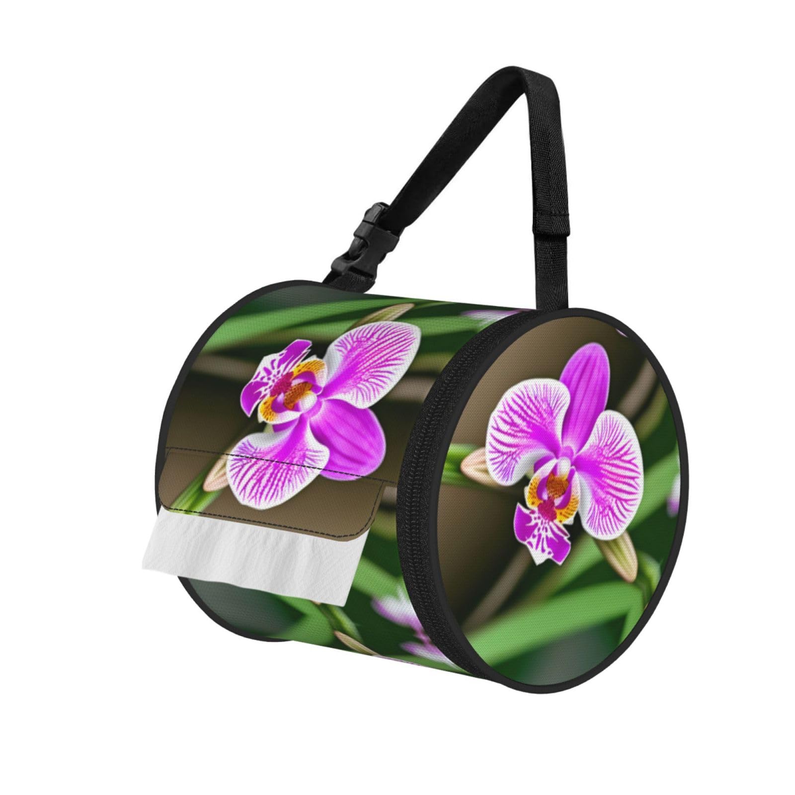 Jiuty Black Orchid Print Cylinder Tissue Organizer Bag With Strap, Portable Toilet Roll Holder For Camping Car