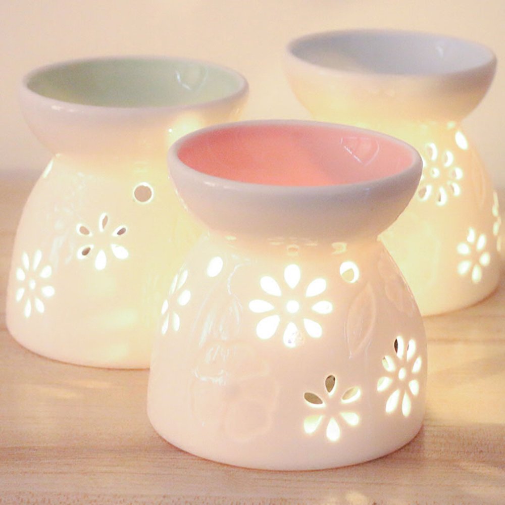 ToiM White Ceramic Aroma Lamp - Floral Cut-Out Essential Oil Diffuser & Candle Warmer, Hollow Design