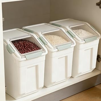1Pcs 10kg Airtight Rice Storage Container with Lids for Kitchen (Cyan) | food-grade PP, BPA-free dry food dispenser with wheels, measuring cup, scoop for rice, grains, flour, pet food