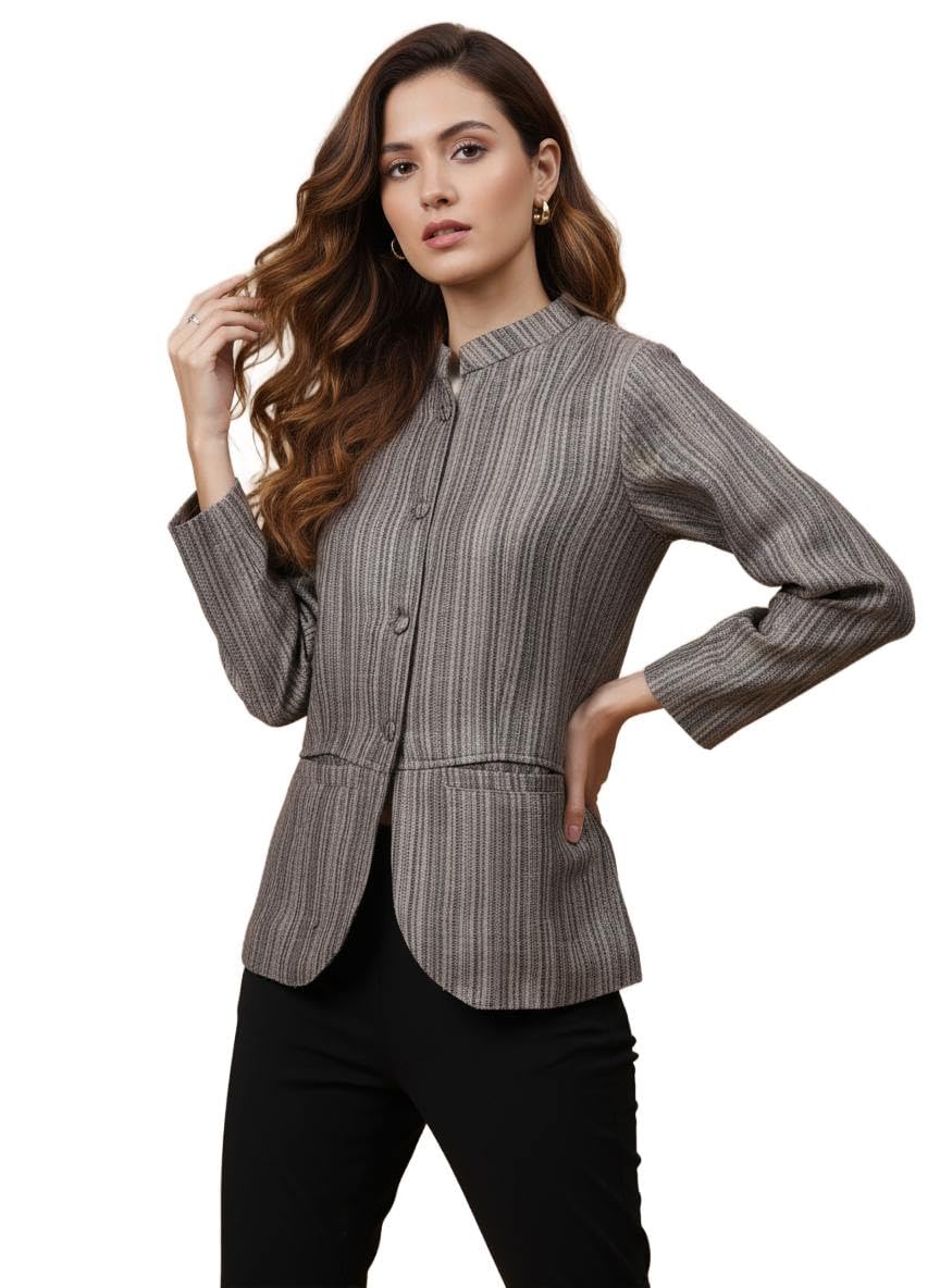 zamour Women’s Striped Thick Material Jacket with Mandarin Collar – Tailored Fit Casual Blazer-picture-14
