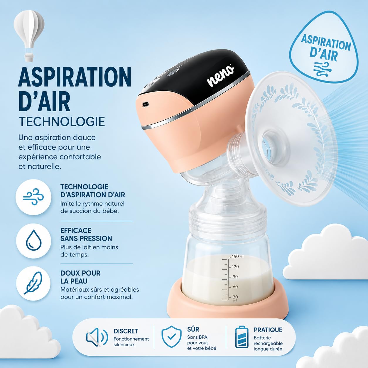 Neno Primo Tire-Lait Électrique Sans Fil Double Phase, 2 Modes et 14 Niveaux, Technologie AIR SUCTION, Téterelle en Silicone, Rechargeable, Complet avec Biberon et Sachets de Conservation du Lait