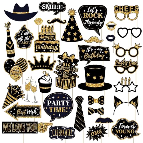 Photo Booth Props for Birthday Party,36 Pieces Black Golden Happy...