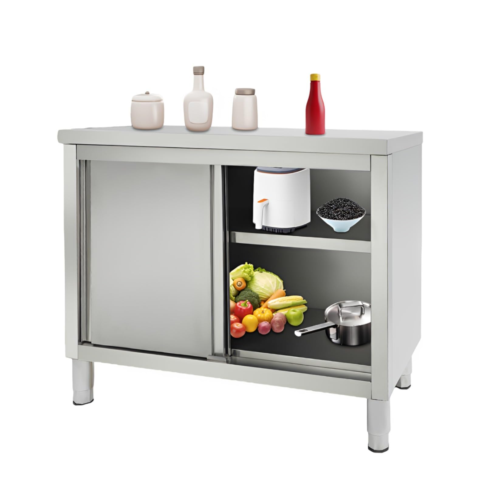 Tavolo da lavoro con ante scorrevoli, in acciaio inox, 100 x 50 x 86 cm, altezza regolabile 5-20 cm, armadio in acciaio inox, elevata capacità di carico, doppio uso
