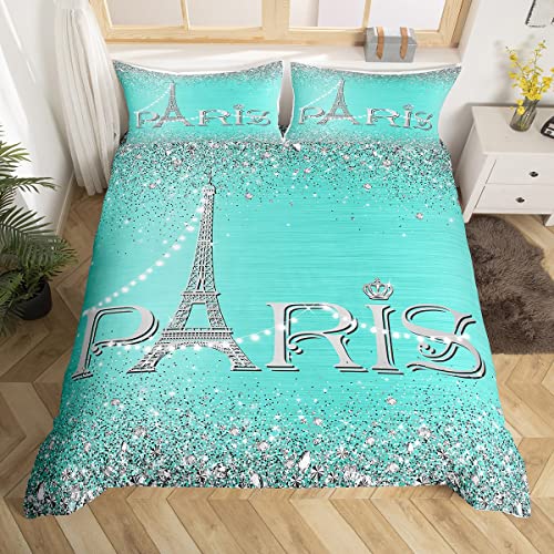 Homewish Eiffel Tower Bedding Size S, Romantic Paris Tower Junior Adult Bedding Set, Gradient Diamond Comfort Set, Blue Girl Flash Paillettes Valentine Bed Set, with 1 Taie d'oreiller, Lightweight Cover