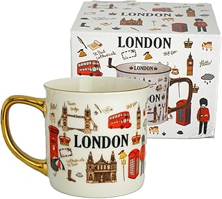 Stylish British Heritage London Mug – Collectible Ceramic Coffee Tea Cup with Gold Handle & City Symbols Landmark Design