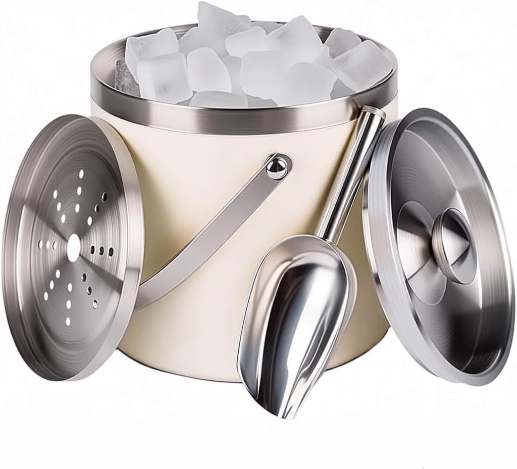 3L Beige-White Double Wall Insulated Stainless Steel Ice Bucket with Scoop for Cocktail Bar,Metal Ice Bucket for Freezer with Lid for Parties.ice Container to Keep Ice Colder,bar cart Accessories