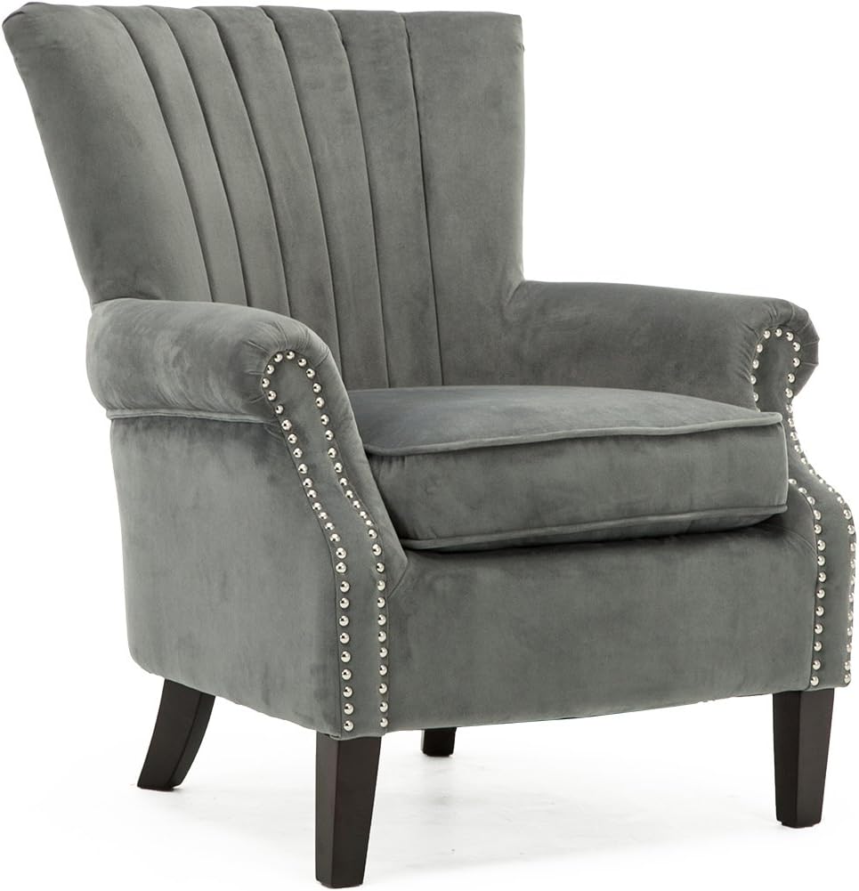 OLENKA VELVET WING BACK OCCASIONAL BEDROOM LIVING ROOM ACCENT CHAIR FABRIC ARMCHAIR (Grey, Velvet)