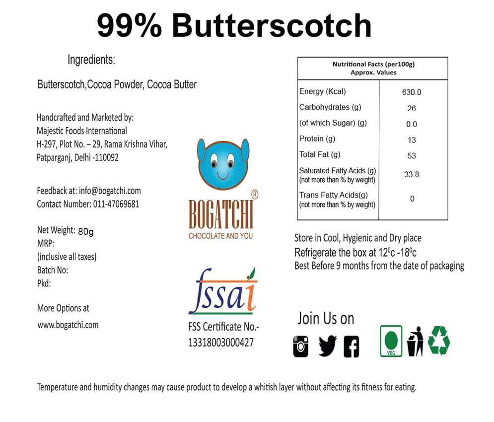 Image of BOGATCHI 99% Dark Chocolate Butterscotch 60g | Zero Sugar Premium Dark Chocolate Bar | Intense Cocoa Richness with Crunchy Butterscotch Flavour | Vegetarian Chocolate