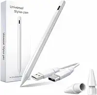 Caneta Touch Universal Stylus para Tablet iPad Android, Ponta Fina de 0.9mm Alta Precisão, Carregamento USB-C com Indicador LED de Bateria, Magnética - Premium Pencil Branca Duas Pontas