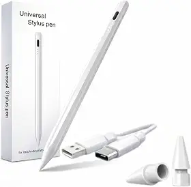Caneta Touch Universal Stylus para Tablet iPad Android, Ponta Fina de 0.9mm Alta Precisão, Carregamento USB-C com Indicador LED de Bateria, Magnética - Premium Pencil Branca Duas Pontas