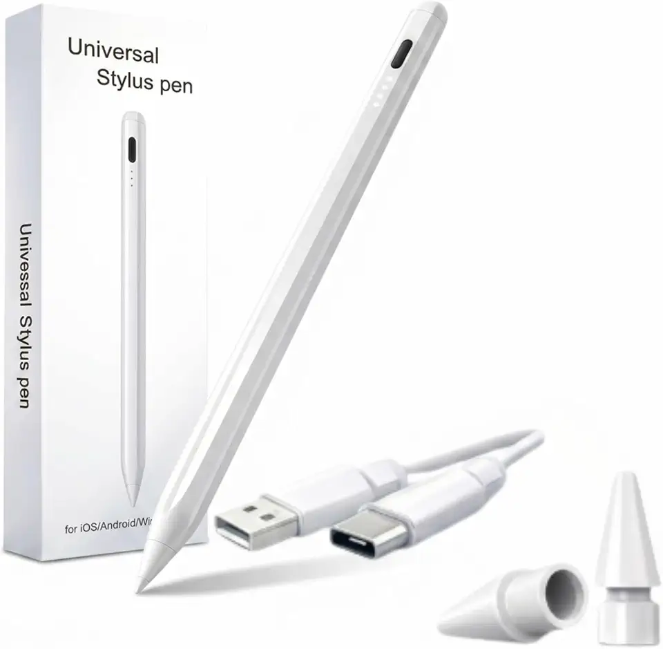 Caneta Touch Universal Stylus para Tablet iPad Android, Ponta Fina de 0.9mm Alta Precisão, Carregamento USB-C com Indicador LED de Bateria, Magnética - Premium Pencil Branca Duas Pontas