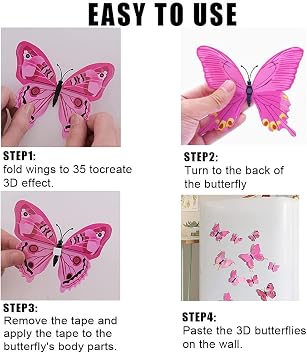 24 PCS Butterfly Wall Decor, Removable 3D Double Layer Butterfly Wall Decals, Butterflies Decoration Suitable for DIY Kids Nursery, Bedroom Decor, TV Wall, Wedding Decoration (Pink)