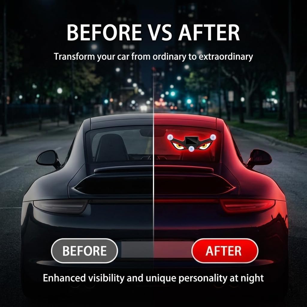 Solar Powered Devil Eyes Car Window Display, Animated Demon Eye Windshield Light, Wireless No-Drill Solar and USB Rechargeable Warning Eyes (red-White)