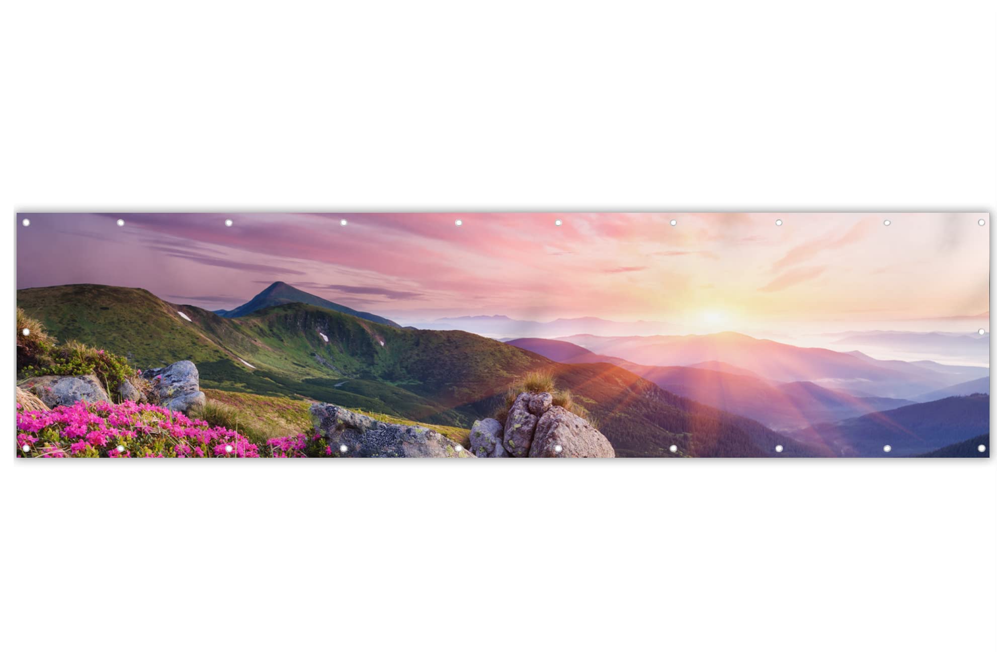 MuchoWow® Balkon Sichtschutz Sichtschutzmatte Balkonbanner Abdeckung für Terrasse Balkon Windschutz Blickdicht Wetterfest 300x85 cm Sonnenuntergang - Berge - Blumen - Landschaft