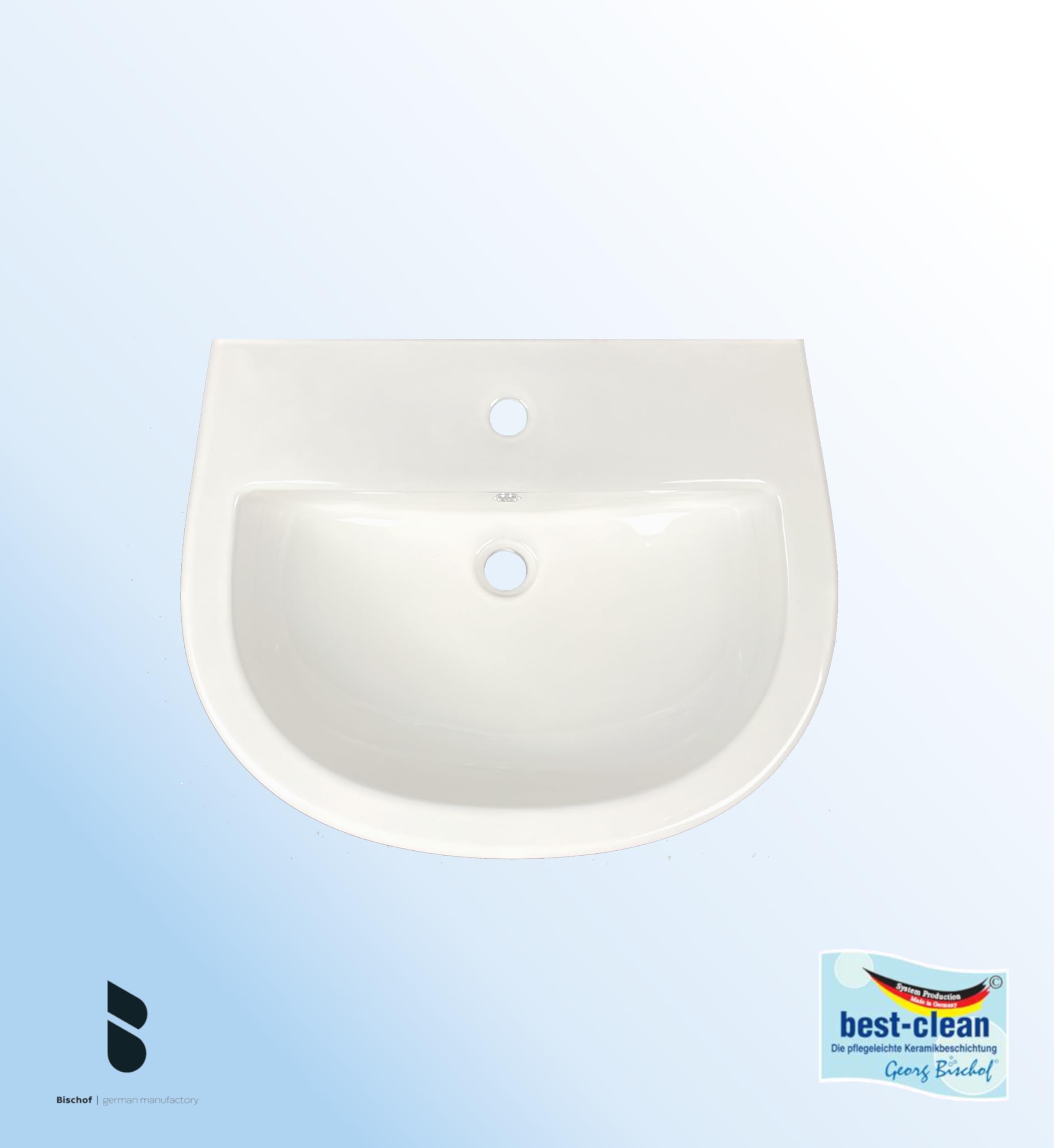 Waschbecken mit BEST CLEAN Oberflächenbeschichtung, 60 cm breit, weiß mit Hahnloch, Waschtisch aus Keramik