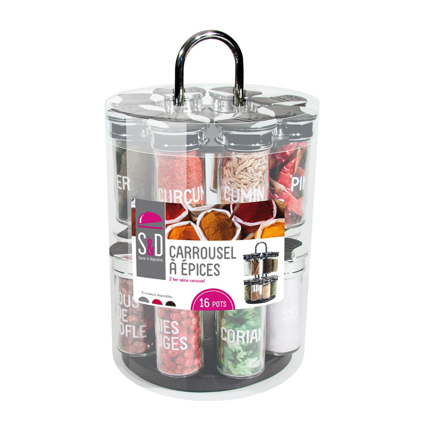 COOK CONCEPT Carosello Rotondo di 16 Vasi per Spezie con 2 Livelli, 19 cm x 19 cm x 31.5 cm, Trasparente/Nero