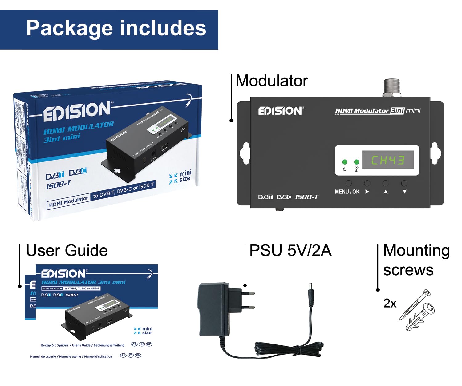EDISION HDMI Modulator 3in1 Mini DVB-T ISDB-T DVB-C Full HD Coaxial LED