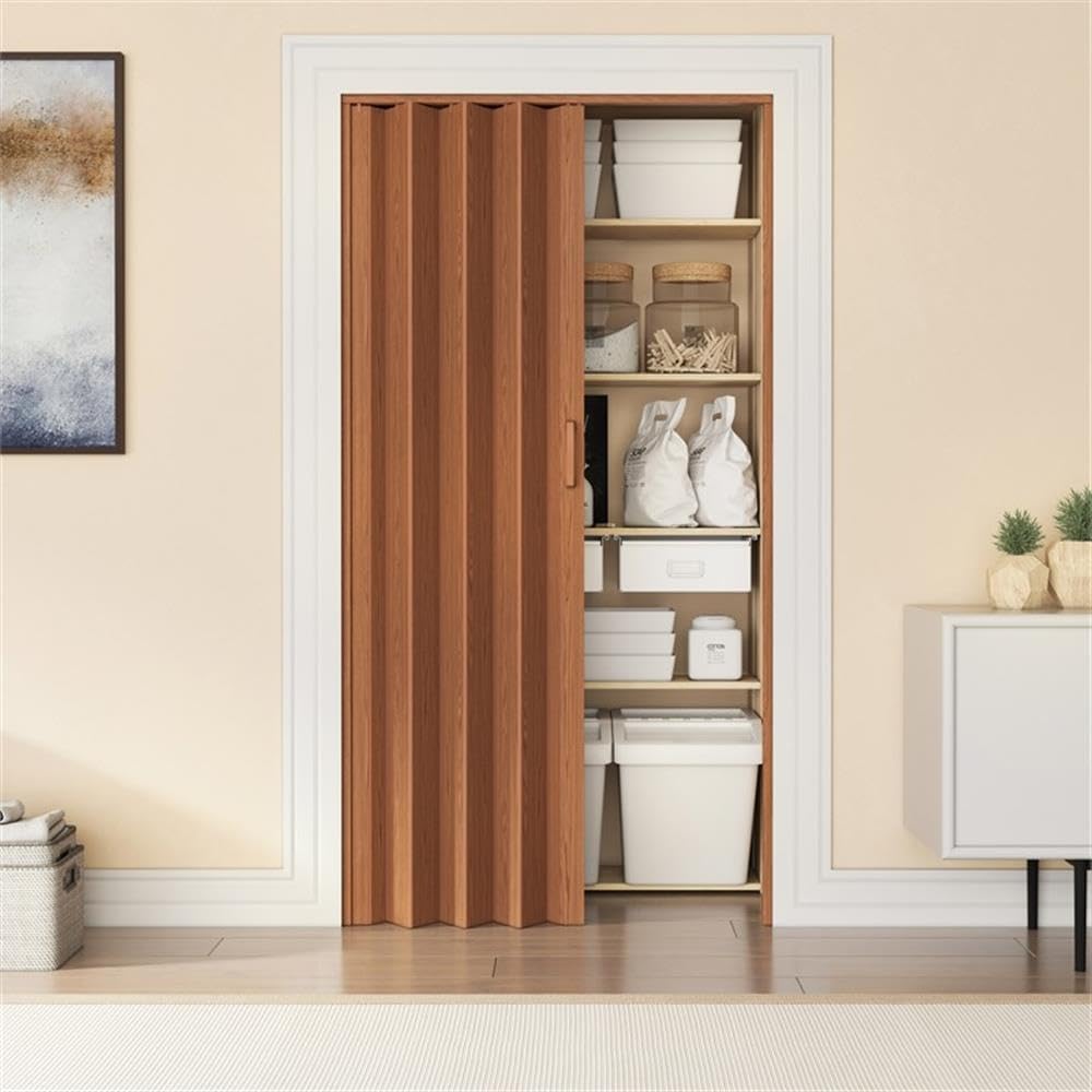 Pemberly Row 36" W Foldable PVC Accordion Room Divider Door, Walnut Finish, Magnetic Closure, Adjustable Height, Includes Track and Hardware, Ideal for Bedrooms, Living Rooms, or Closet Spaces