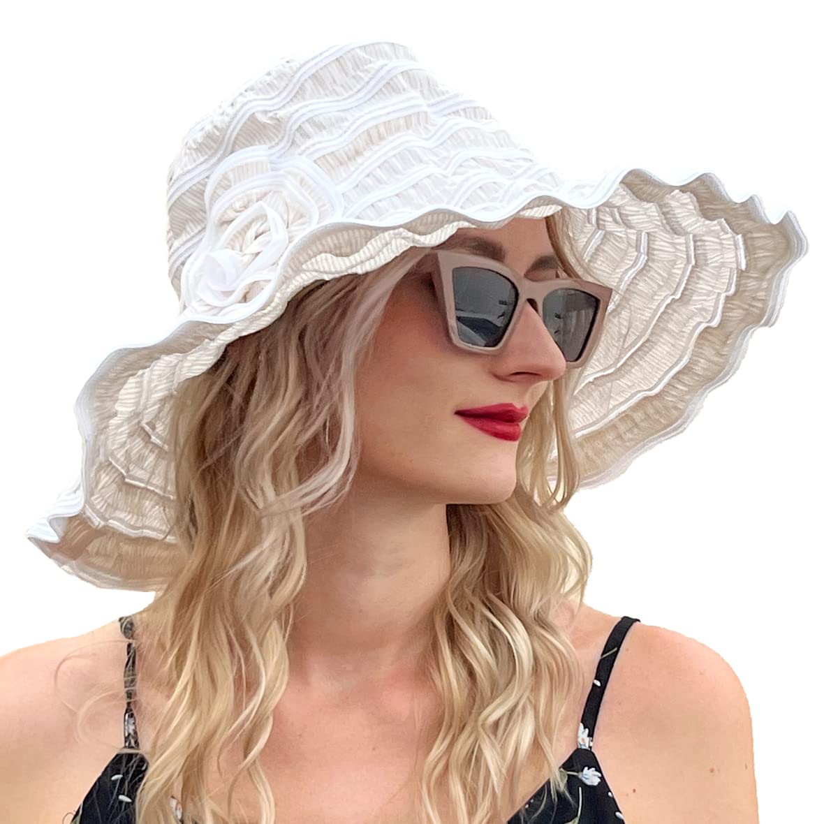 VECRY Mujer Vintage Playa Sombrero para el Sol Plegable de Viaje ala Ancha Sombreros UV de Verano