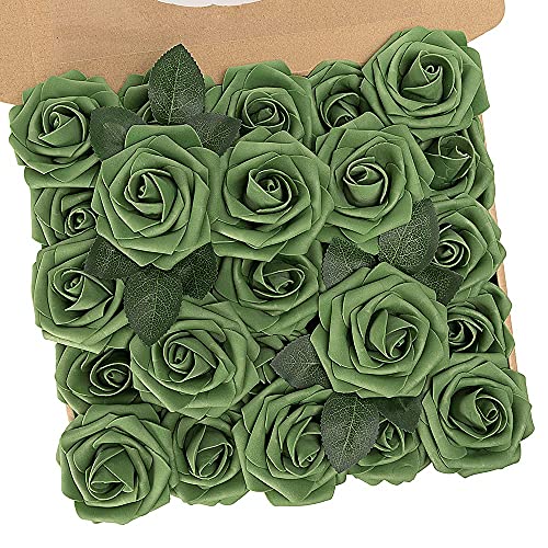 N&T NIETING Rosen Deko, 25 Stück künstliche Blumen Rosen mit Stielen, Fake Blumen für DIY Hochzeit Valentinstag, Brautparty-Mittelstücke, Partytische, Blumensträuße Braut Zuhause Dekoratio, Grün