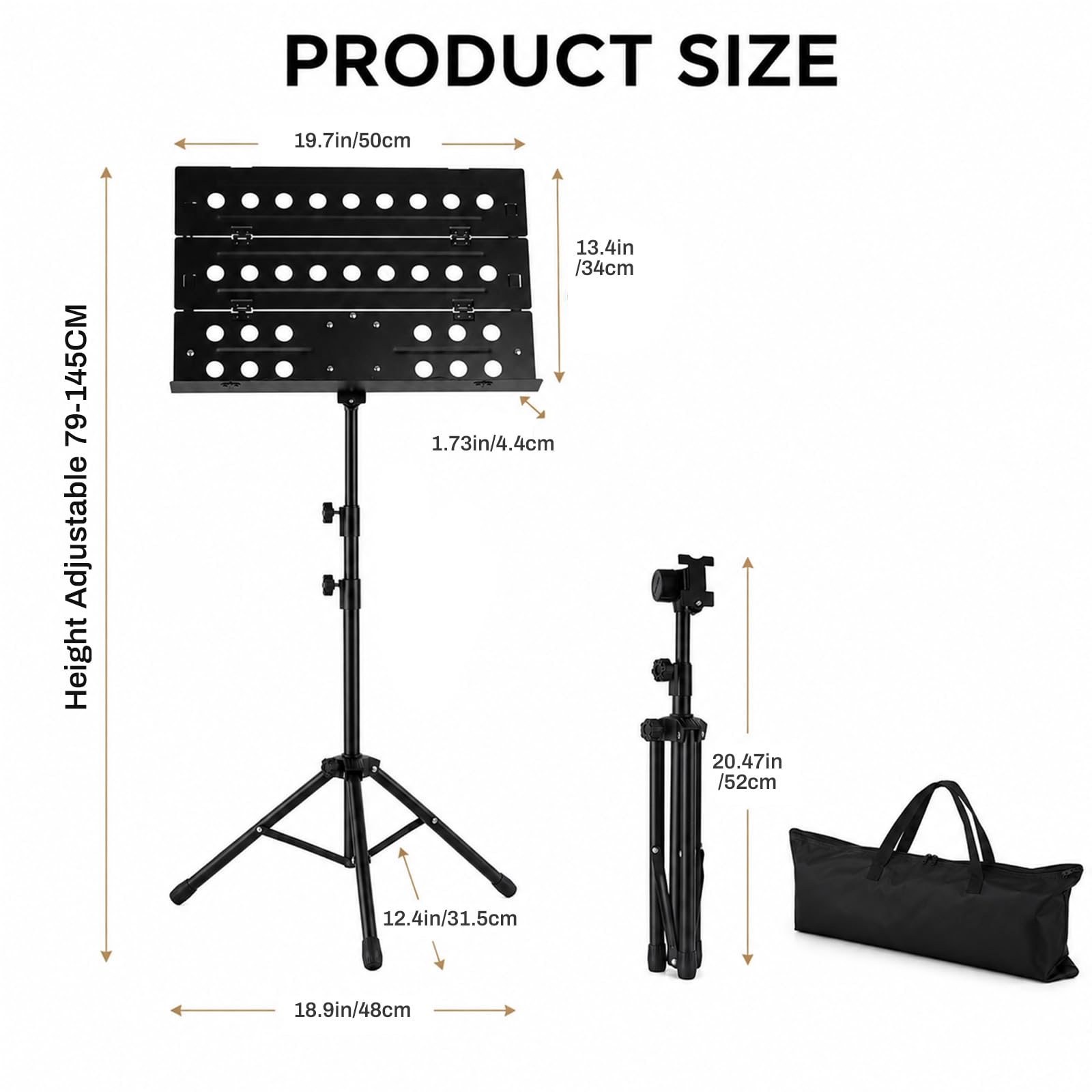 ASelected Soporte de partituras plegable portátil con bolsa de transporte, hierro negro, altura ajustable de 79-145 cm, soporte para guitarra, violín, piano, práctica de coro y ensayo de banda